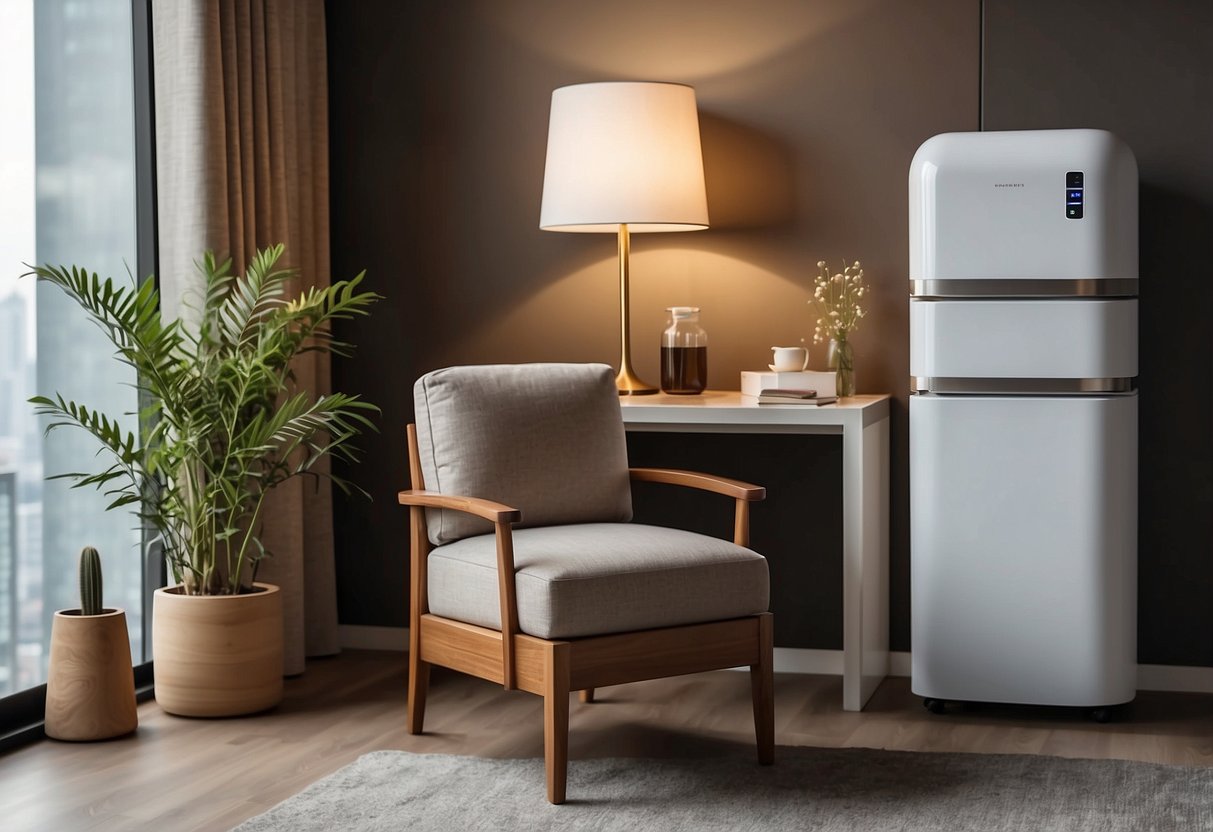 A comfortable chair with a side table for supplies, a power outlet nearby, a privacy screen, a small fridge for milk storage, a sink for cleaning, and soft lighting