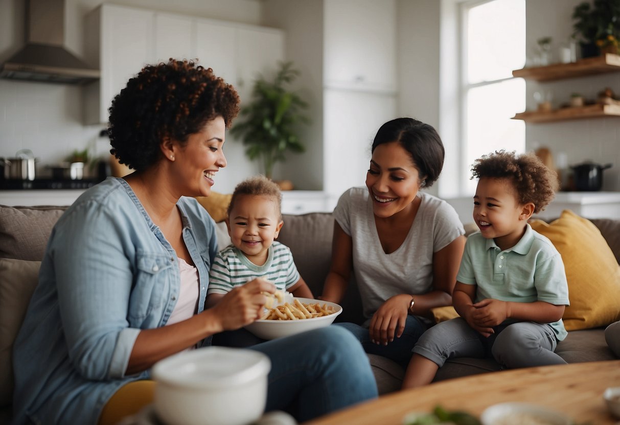 A mother sits surrounded by friends and family, receiving support and guidance. They engage in activities like cooking, cleaning, and caring for the baby, creating a nurturing environment