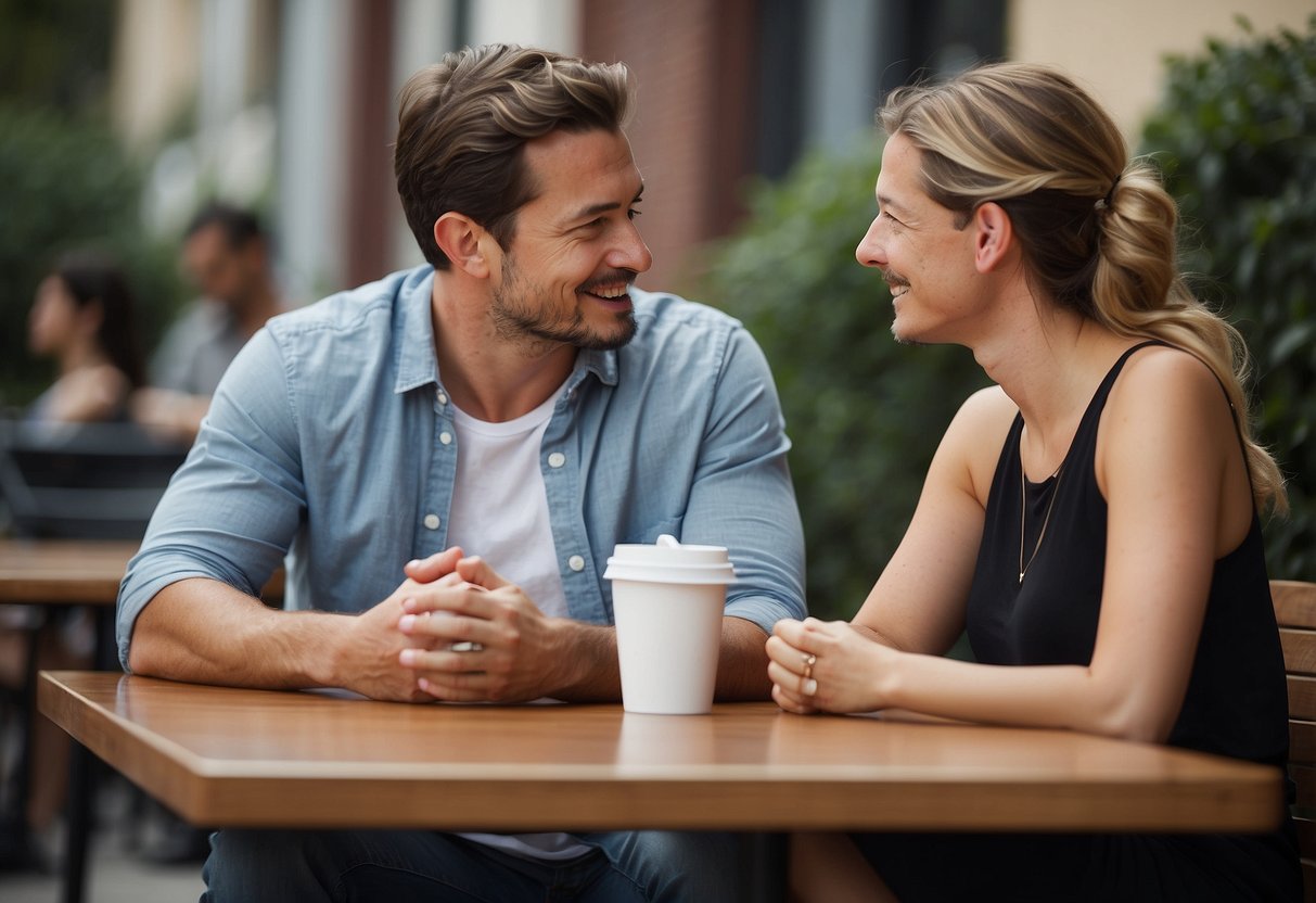 A couple sitting facing each other, having a calm and open conversation. The atmosphere is supportive and understanding as they discuss postpartum expectations