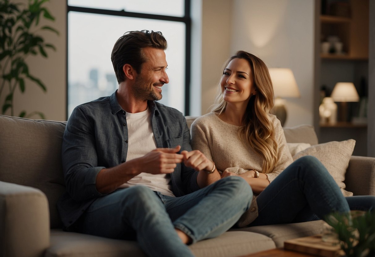 A couple sits on a cozy couch, discussing postpartum sleep arrangements. They gesture and make eye contact, showing open communication and understanding