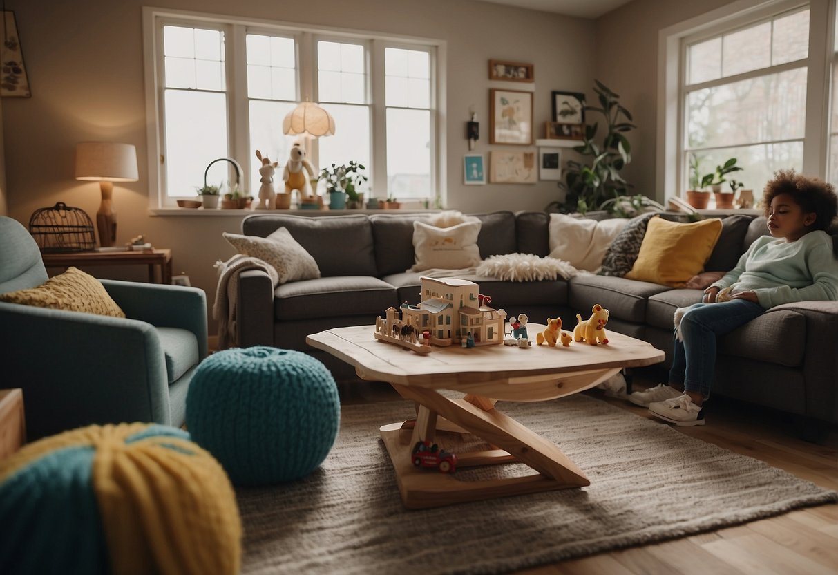 A cluttered living room with scattered toys and laundry. A calendar on the wall with chore assignments. Two partners sitting at a table, discussing postpartum expectations