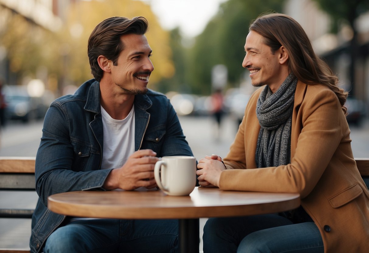 A couple sits facing each other, engaged in deep conversation. The atmosphere is calm and supportive, with a sense of understanding and empathy between them. The setting is warm and comfortable, creating a safe space for open dialogue