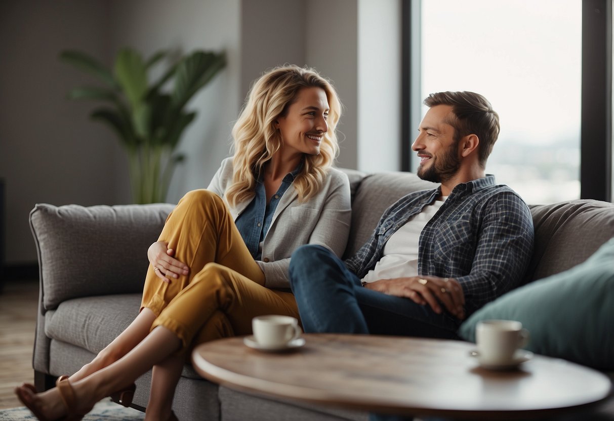 A couple sitting on a couch, facing each other, engaged in a deep conversation. The atmosphere is calm and supportive, with open body language and eye contact. They are discussing their expectations and plans for the postpartum period