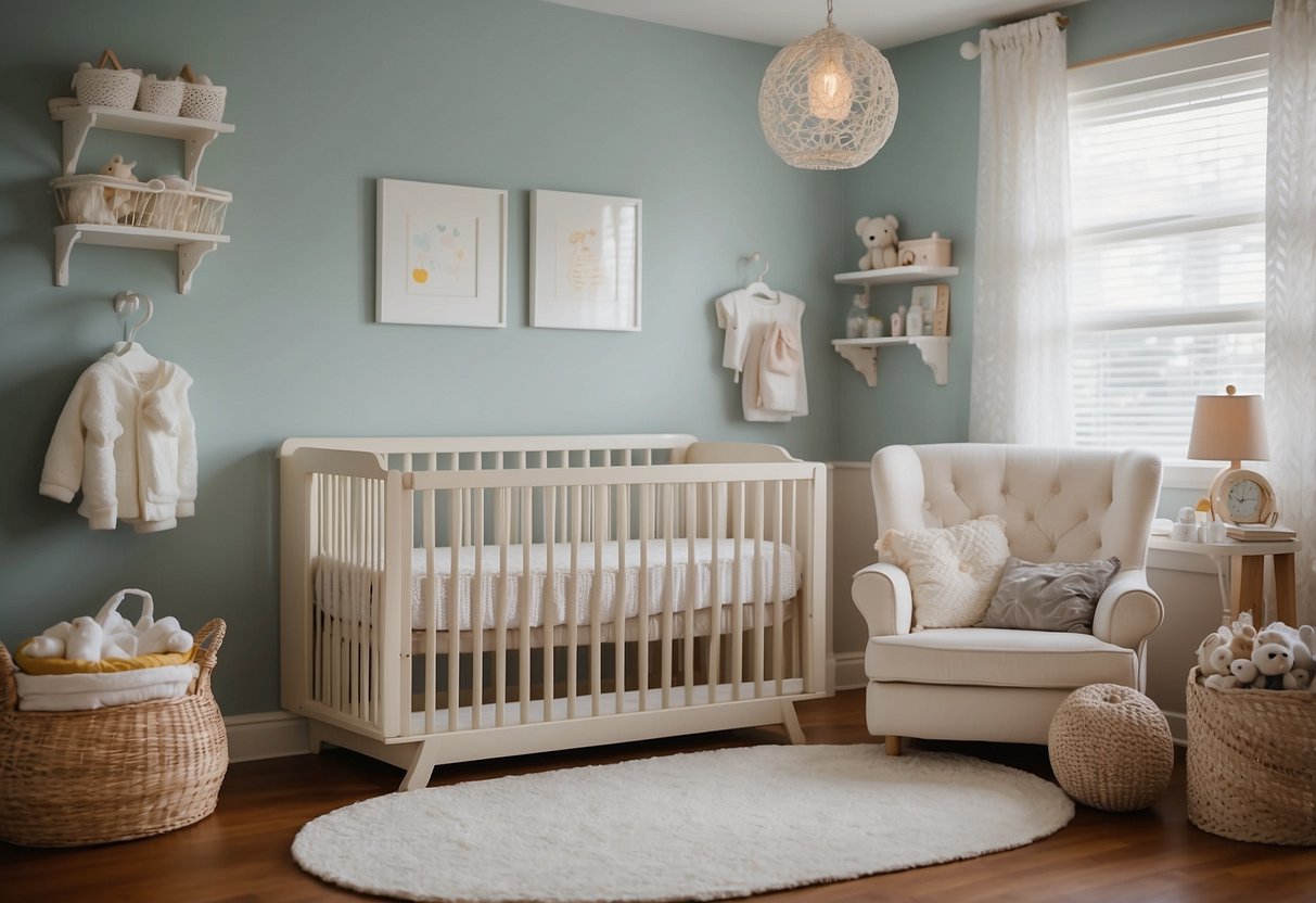 A nursery room with a crib, changing table, rocking chair, baby monitor, diapers, wipes, bottles, pacifiers, swaddles, and a mobile hanging above the crib