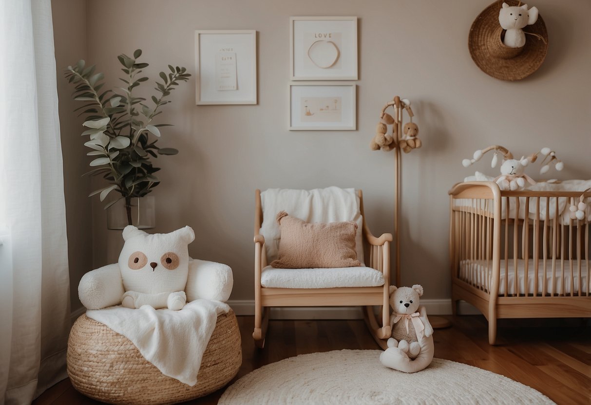 A cozy nursery with a crib, changing table, and rocking chair. A shelf holds the Owlet Smart Sock Baby Monitor and a list of "10 Things to Buy Before Baby Arrives."