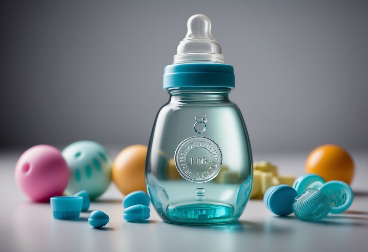 A baby bottle sits on a clean, white surface surrounded by 10 essential baby items