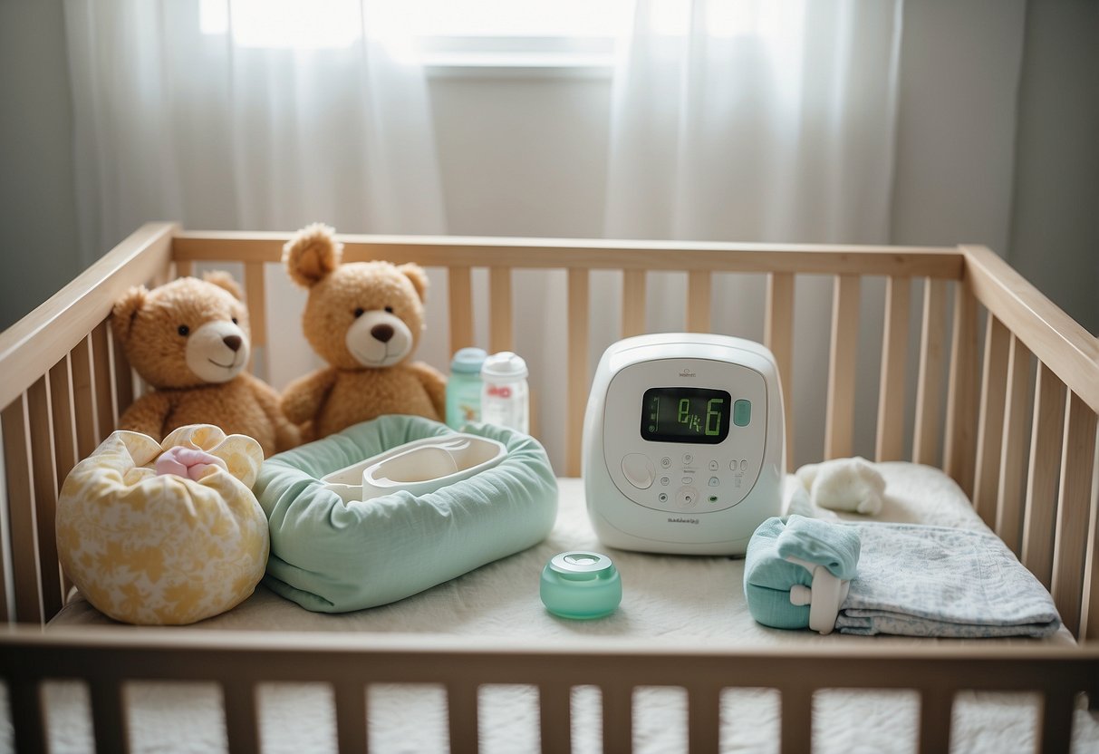 A crib with soft bedding, a diaper changing station, baby clothes, bottles, a thermometer, baby monitor, first aid kit, baby bathtub, baby wipes, and a nursing pillow arranged neatly in a nursery