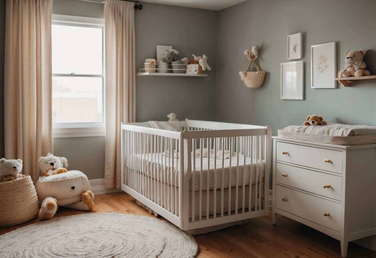 A room with a crib, changing table, and shelves stocked with baby essentials. A cozy rocking chair sits in the corner, surrounded by soft blankets and toys