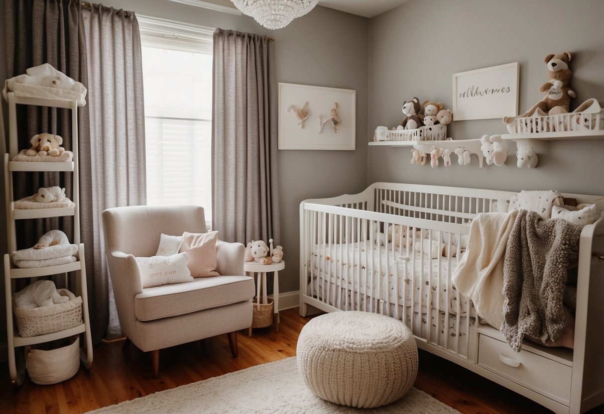 A cozy nursery with a crib, changing table, and rocking chair. Shelves stocked with diapers, wipes, and onesies. A mobile hangs above the crib