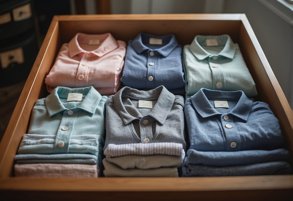 A neatly organized drawer filled with neatly folded Gerber Onesies and Carter's Sleepers, ready to be stocked in a home for a newborn