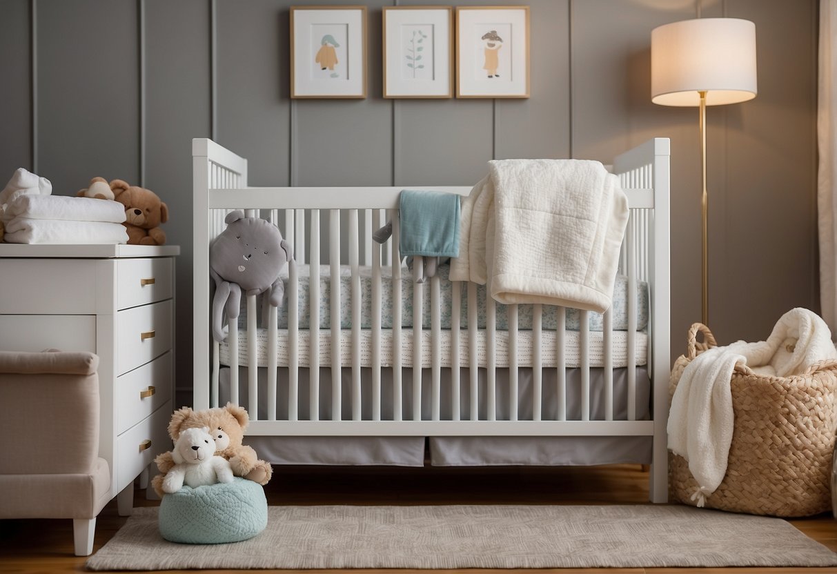 A well-stocked crib with DaVinci Kalani and Graco Benton essentials. Surrounding items include diapers, wipes, blankets, and toys