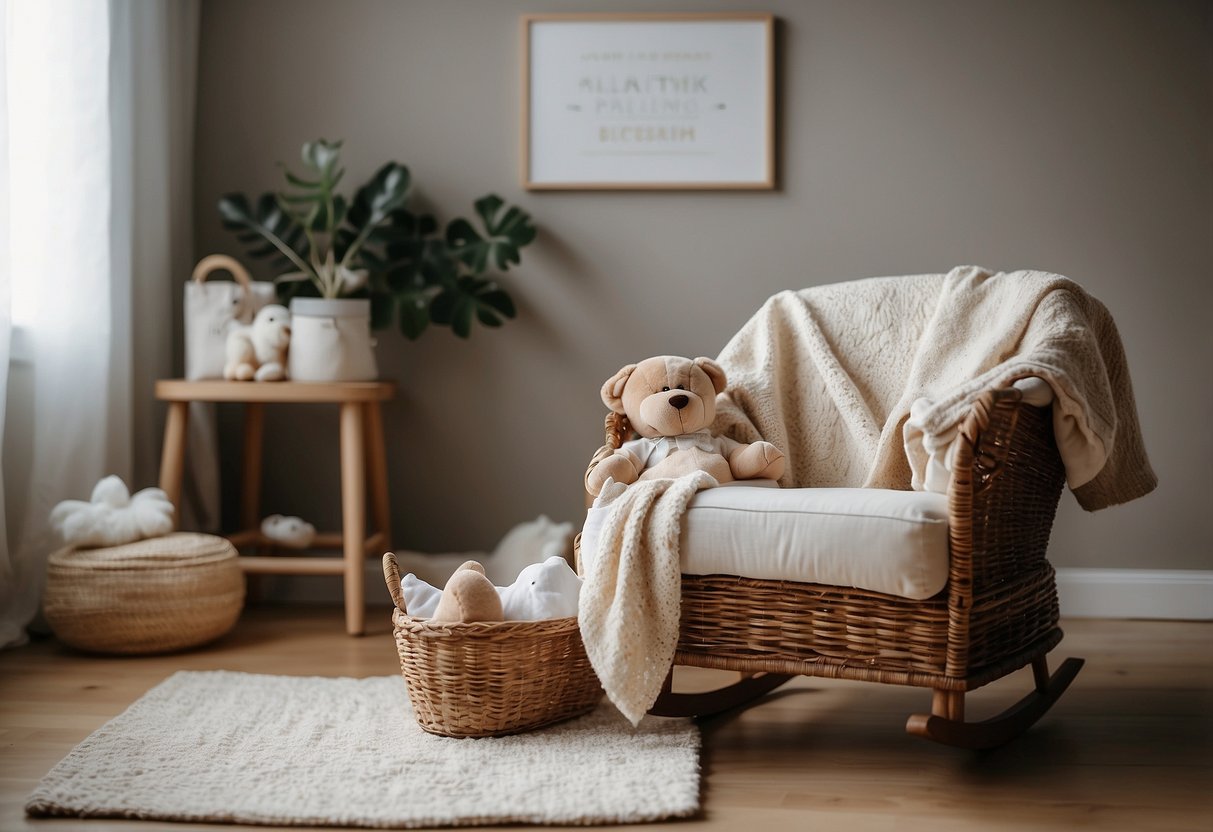 A cozy nursery with a rocking chair, diaper changing station, soothing music playing, and a warm, soft blanket ready for swaddling. A basket of essential postpartum items sits nearby