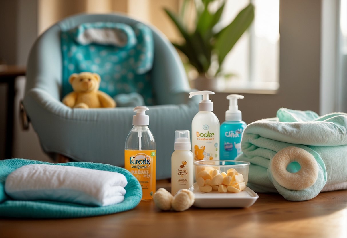 A table with newborn care supplies: diapers, wipes, bottles, pacifiers, and swaddle blankets. A cozy corner with a rocking chair and a side table for books and snacks