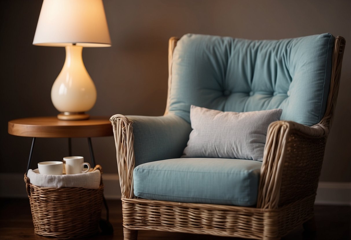 A cozy chair with a soft pillow, a side table for snacks and drinks, a small lamp for soft lighting, a basket of nursing essentials, and a soothing background music player