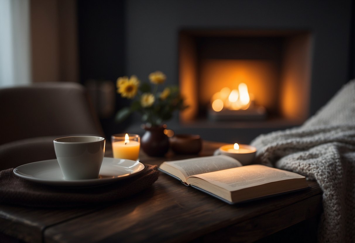 A cozy, dimly lit room with a comfortable chair, soft blankets, and a table holding a warm drink, journal, and soothing essential oils