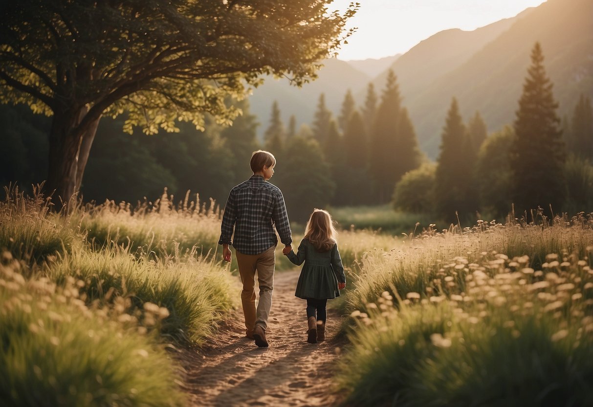 A serene, unhurried setting with a parent and child engaging in calm, intentional activities, surrounded by nature or cozy home elements