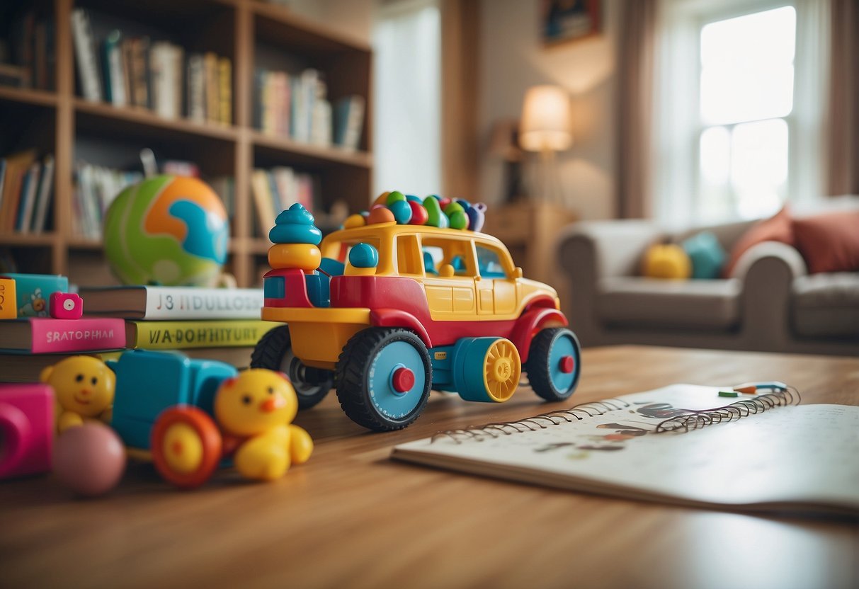 A cozy living room with toys scattered around, a bookshelf filled with children's books, and a calendar marked with family activities