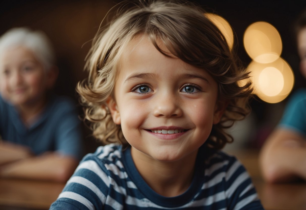 A child with a smile on their face, sitting comfortably and looking up at a parent with a warm and attentive expression. The parent is leaning in, nodding and making eye contact, showing genuine interest in the child's words