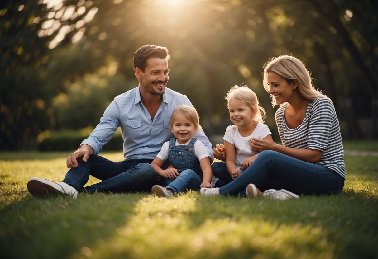 A happy family sitting together, engaging in various activities that cater to each individual's needs and preferences. The parents are nurturing and supportive, creating a positive and harmonious environment for their children