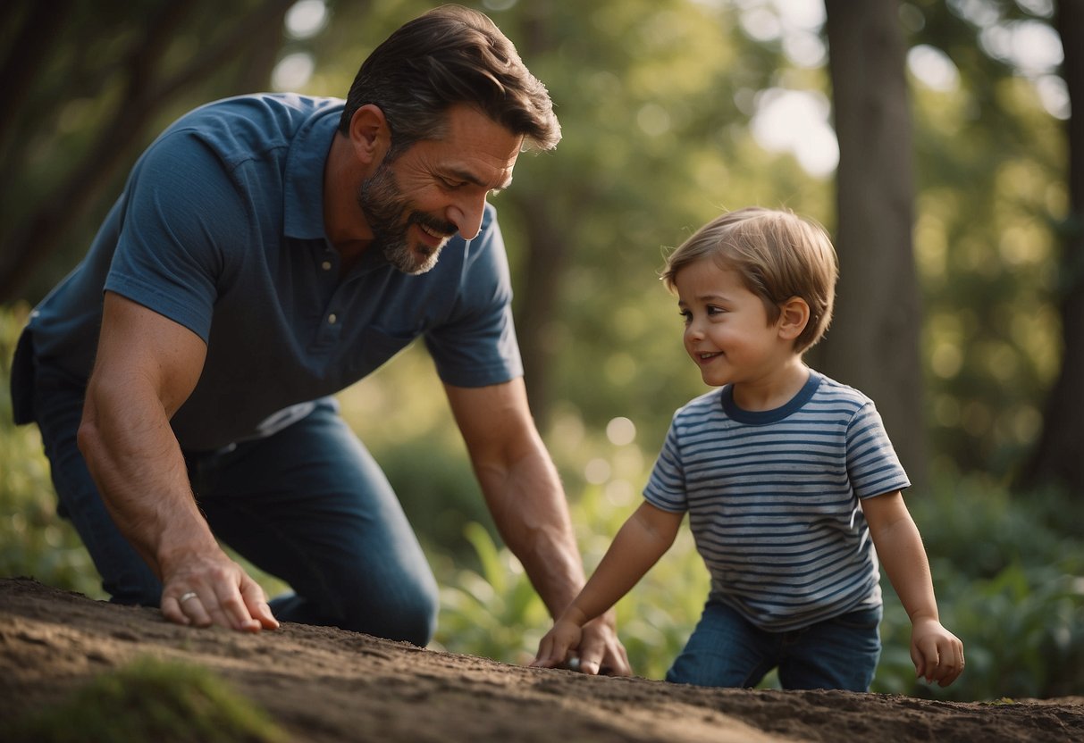 A parent calmly guides their child through a challenging task, offering support and encouragement. The child responds positively, showing signs of confidence and independence