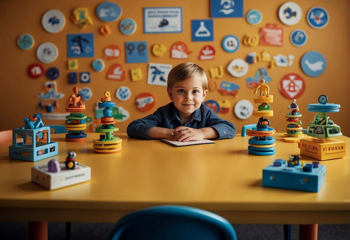 A child sitting at a table, surrounded by different parenting symbols: authoritarian, permissive, authoritative, uninvolved, and helicopter. Each symbol has a distinct shape and color, representing the various parenting styles