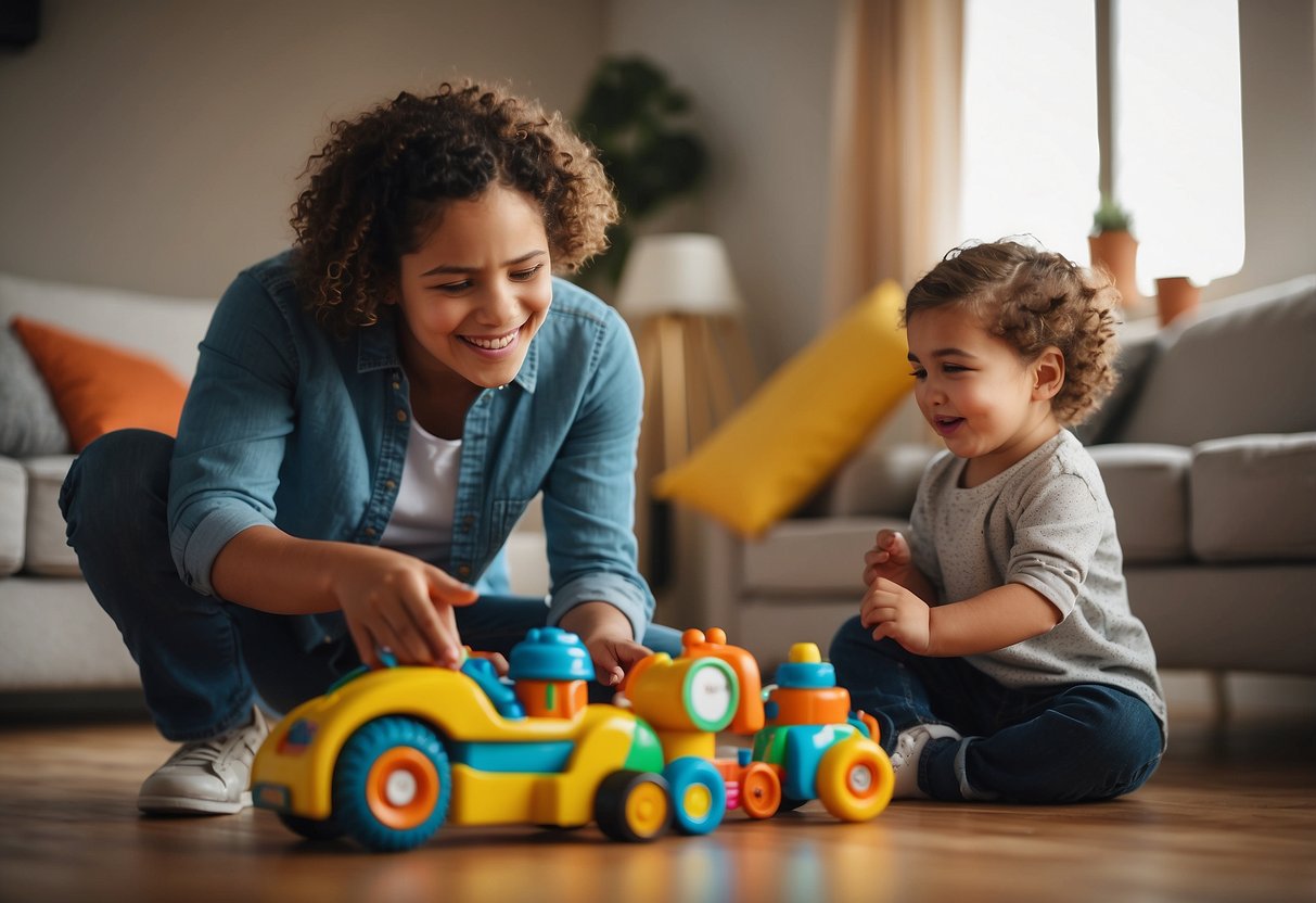 A child playing happily with toys while one parent watches closely, offering guidance and praise, while the other parent stands back, allowing the child to explore independently