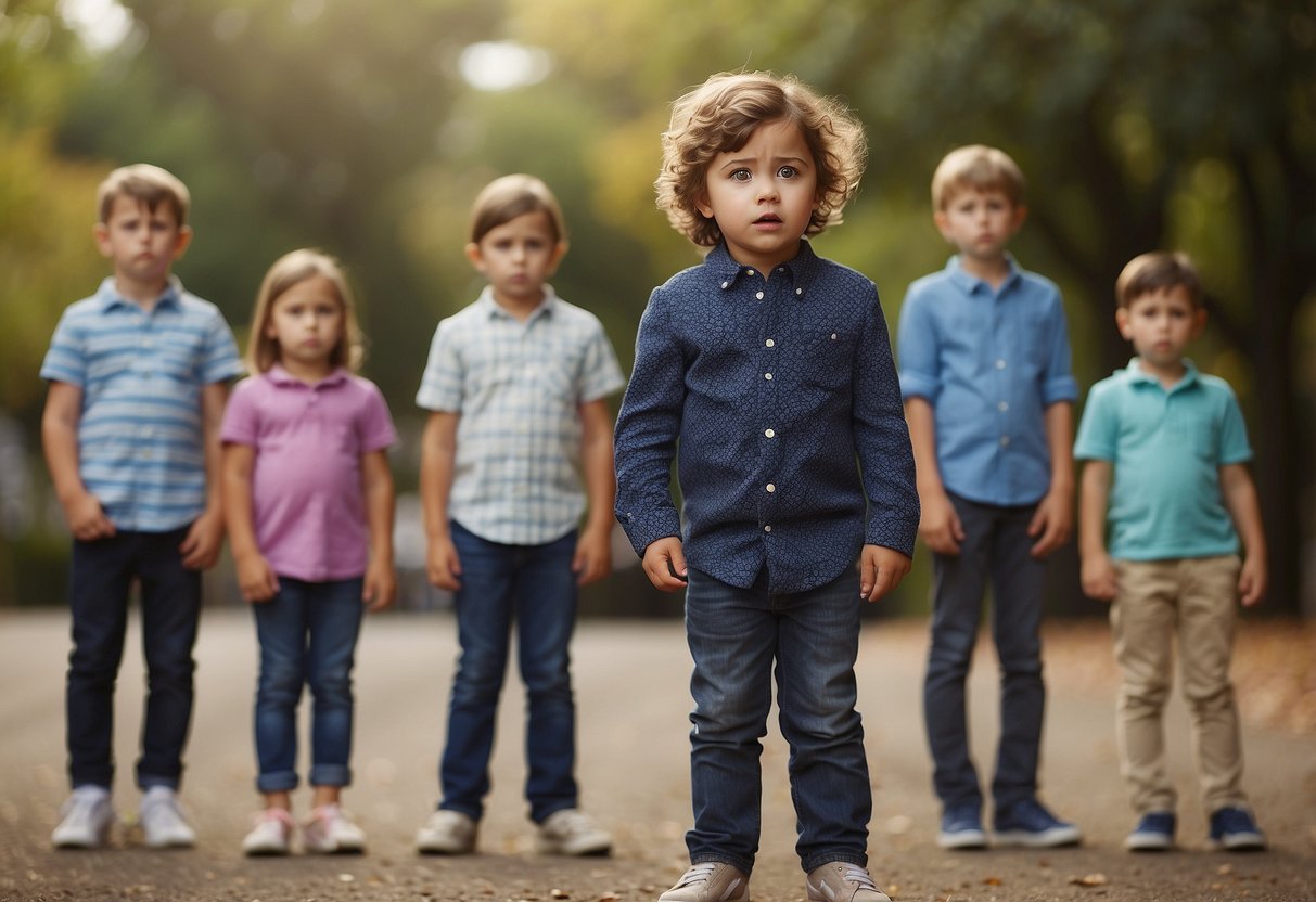 A child standing alone, looking confused and overwhelmed as seven different parenting styles loom over them, each representing a different approach