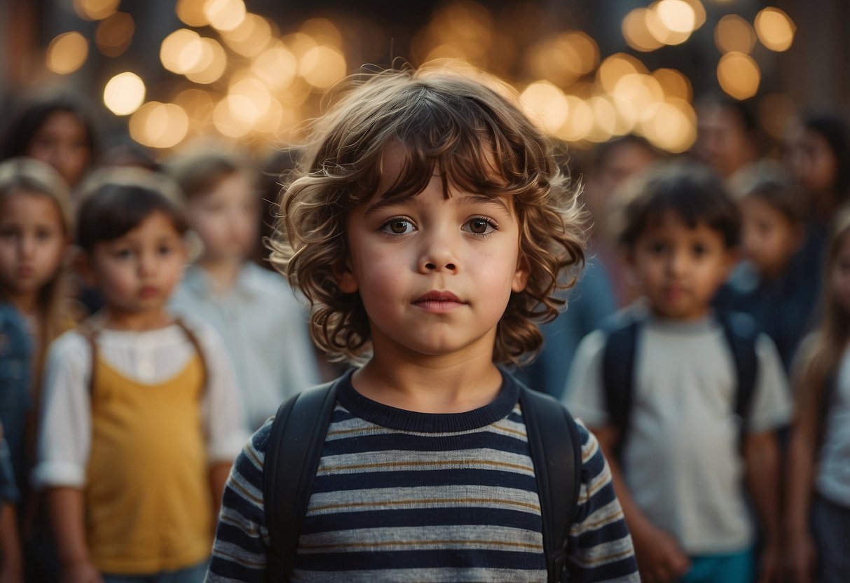 A child surrounded by conflicting images of discipline and affection, unsure of where the boundaries lie