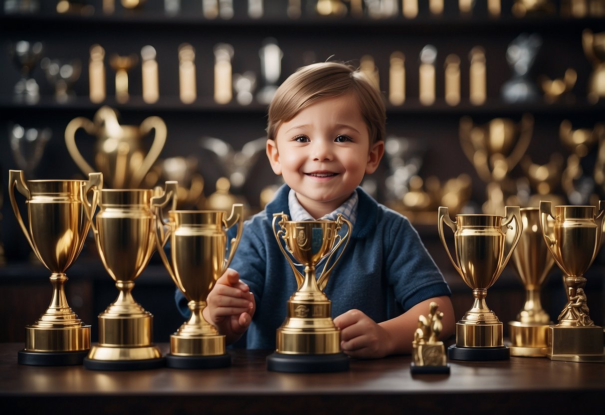 A child surrounded by trophies and awards, with parents watching and cheering from the sidelines