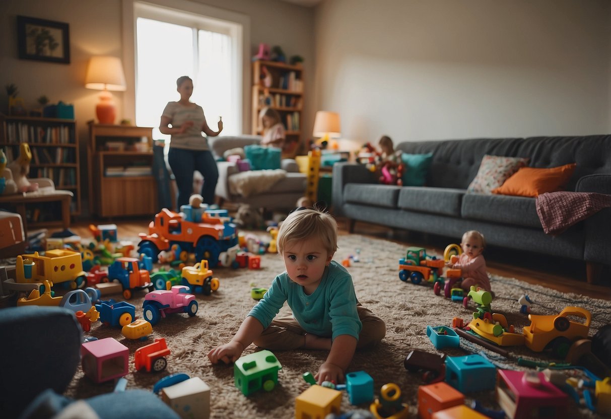 A chaotic living room with scattered toys and books, a frustrated parent trying to implement traditional parenting methods while eight different philosophies hover around, each vying for attention