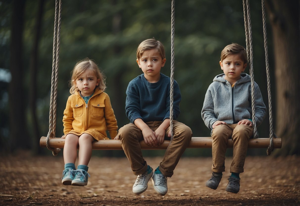 A child sits alone on a swing, while other children play together. The child looks sad and isolated, with no interaction from the parent