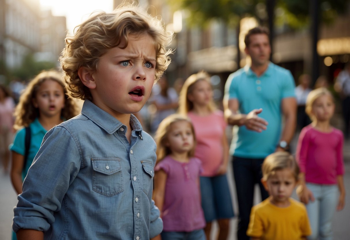 Children throwing tantrums, ignoring instructions, and being disruptive in a public setting. Parents looking frustrated and unsure how to handle the situation