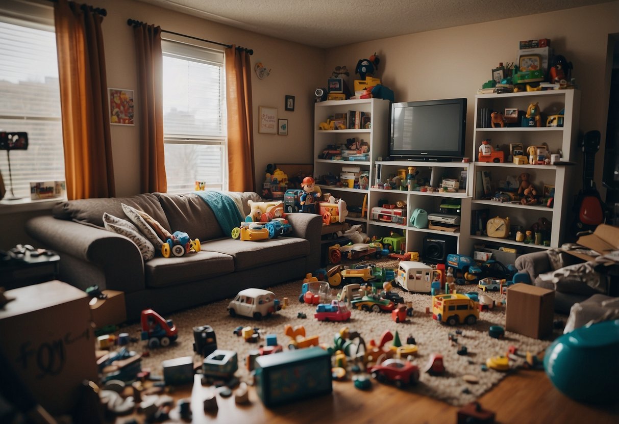 A cluttered and chaotic living room with scattered toys, a disorganized schedule on the wall, and a tense atmosphere