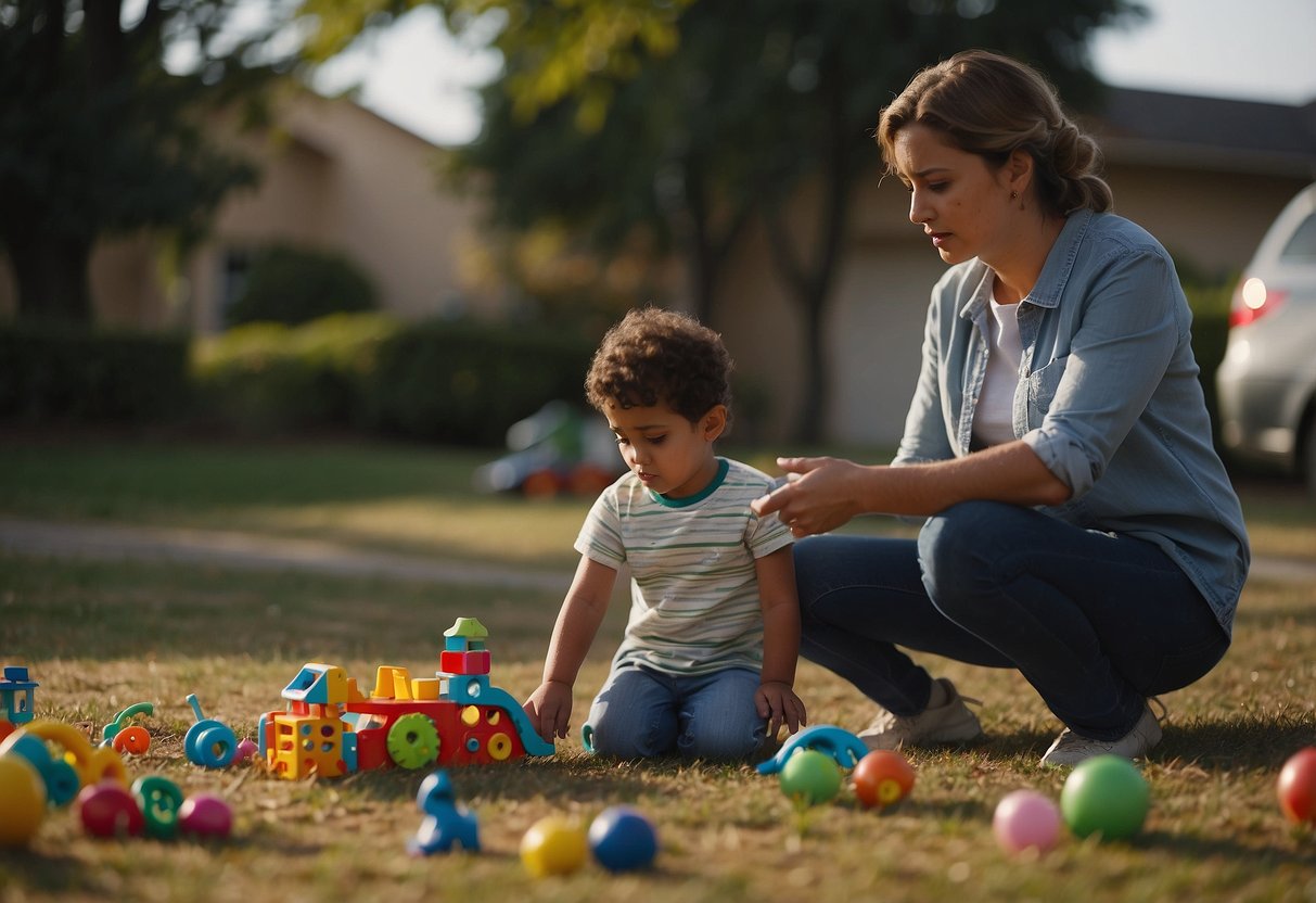 A child sits with toys scattered around, while a parent stands nearby, looking frustrated. The child seems unsure of boundaries, while the parent appears unsure of how to enforce them