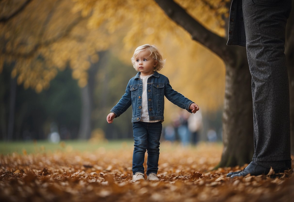 A child standing alone, looking away from two figures, with a tense and distant body language. The figures are reaching out, but the child avoids their touch