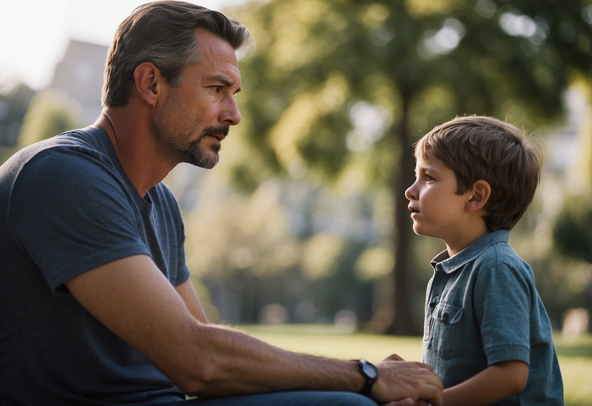 A parent talking over a child, who looks frustrated. Child's input being ignored, parent's body language dismissive