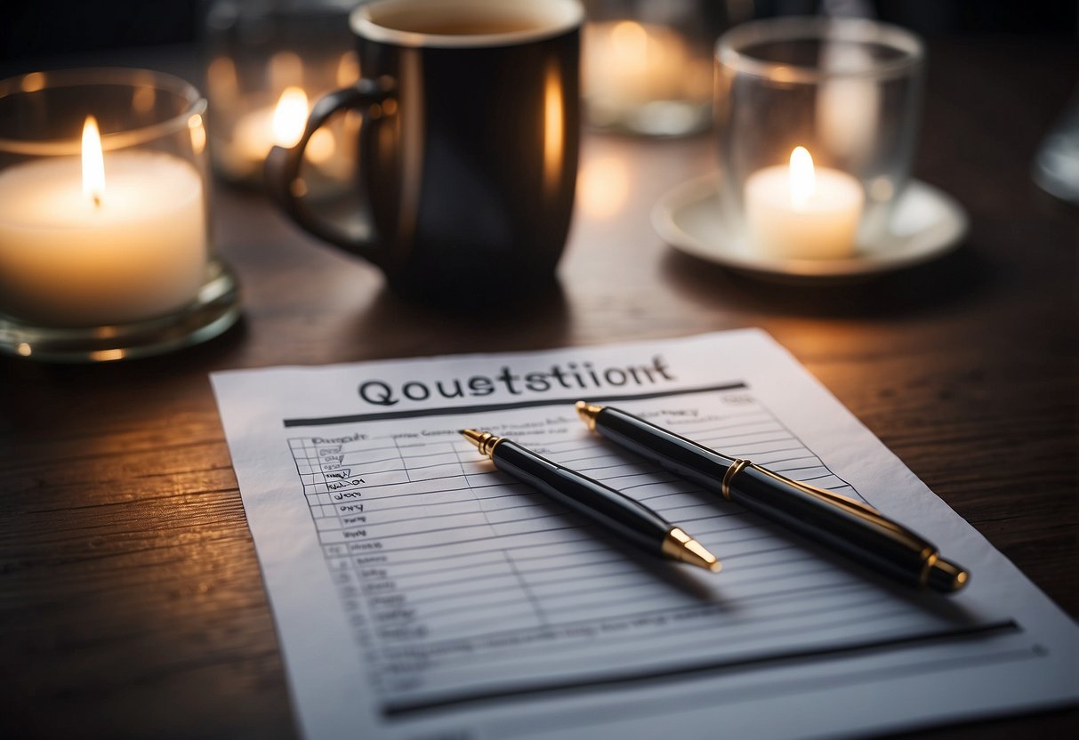 A checklist of 10 questions arranged neatly on a table, with a pen next to it, ready to be filled out