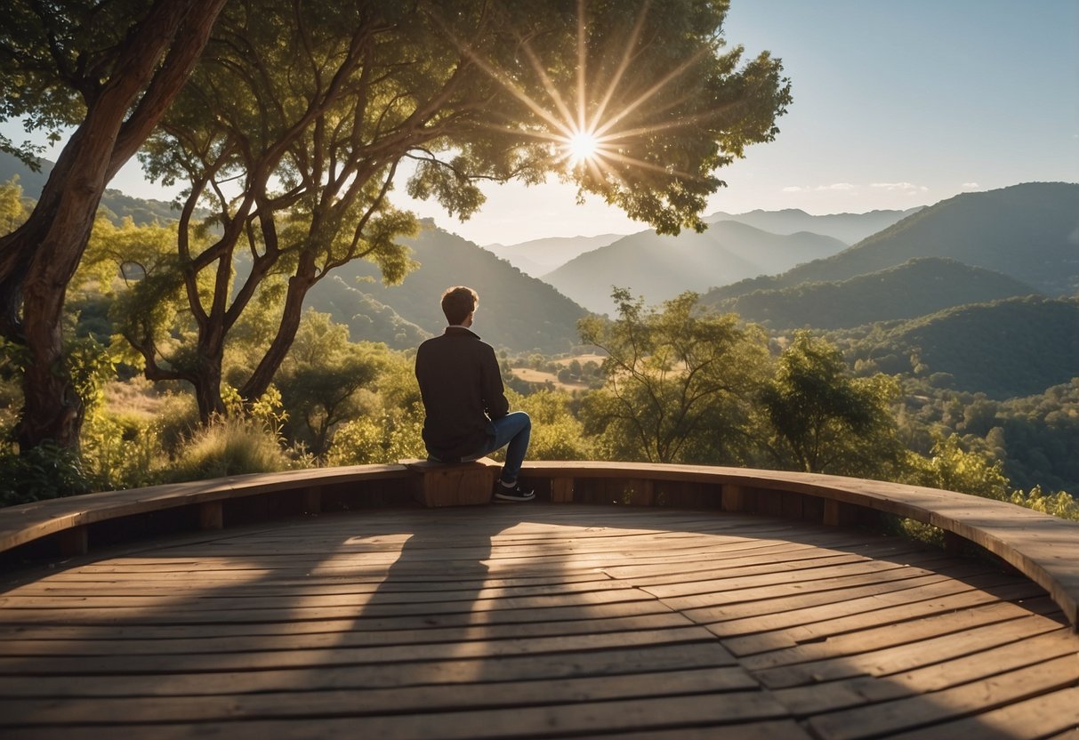 A serene setting with a person sitting in contemplation, surrounded by nature. A list of questions floating in the air, symbolizing introspection and decision-making