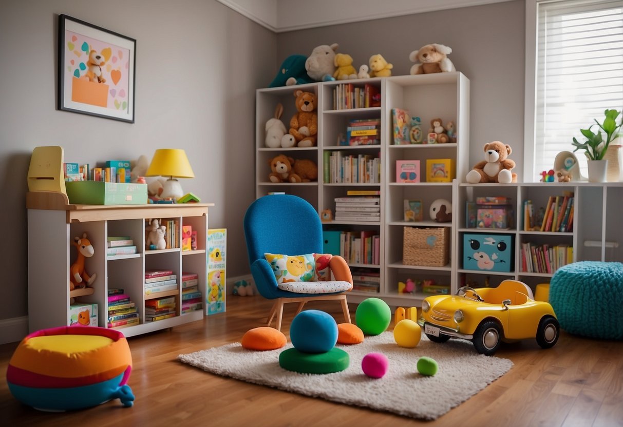 A child's room with colorful toys scattered on the floor, a bookshelf filled with children's books, and a cozy reading nook with a small table and chairs