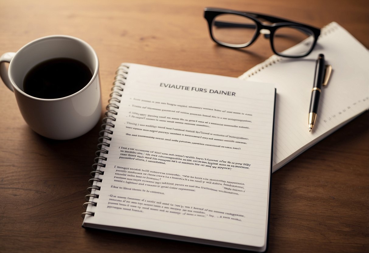 A table with two chairs facing each other, a notebook and pen on the table, and a list of 10 questions titled "Evaluate Your Partner's Views" in the center