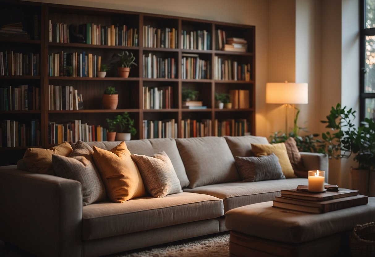 A cozy living room with a comfortable sofa and a bookshelf filled with parenting books. A warm, inviting atmosphere with soft lighting and a peaceful ambiance