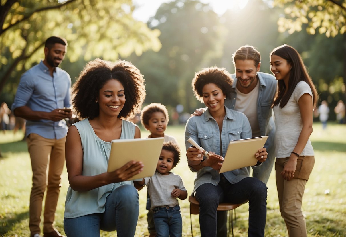 A diverse group of families gathered in a park, engaging in different activities. A checklist of 10 questions hovers in the air, representing the decision-making process of choosing a parenting style