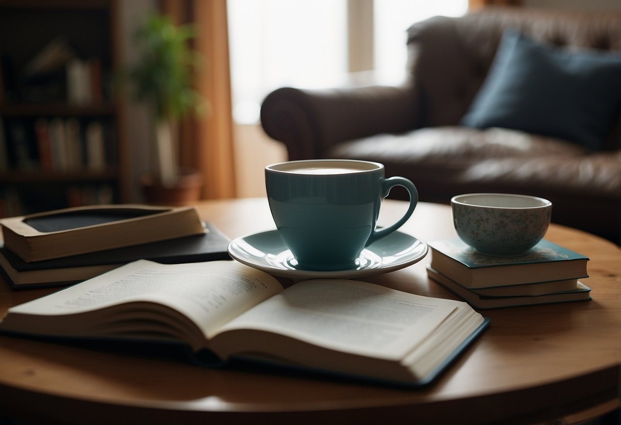 A cozy living room with a parent sitting in a comfortable chair, surrounded by books and a notepad. A warm cup of tea sits on the table as they contemplate their parenting style