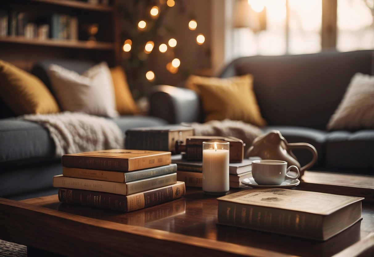 A cozy living room with a variety of parenting books scattered on a coffee table. A warm, inviting atmosphere with soft lighting and comfortable seating