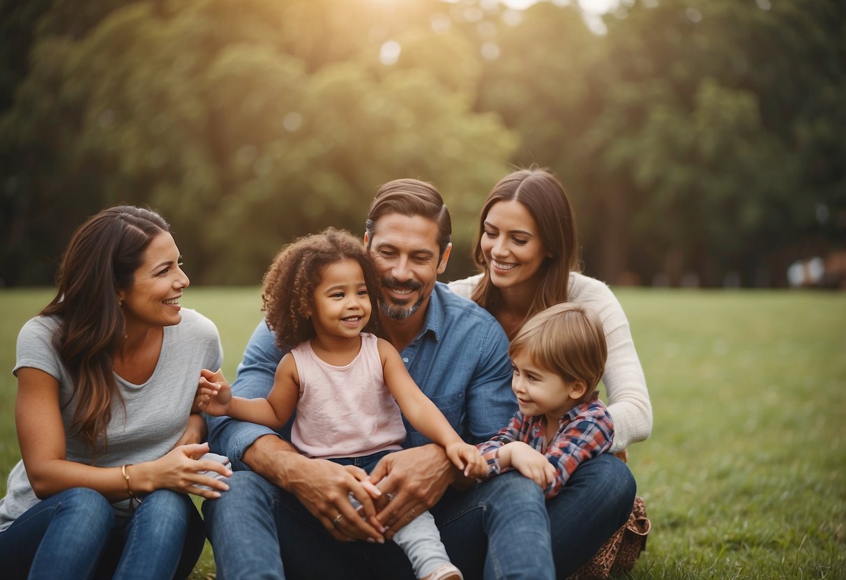 A diverse group of parents engaging in various non-traditional parenting methods, such as positive discipline, co-parenting, and attachment parenting