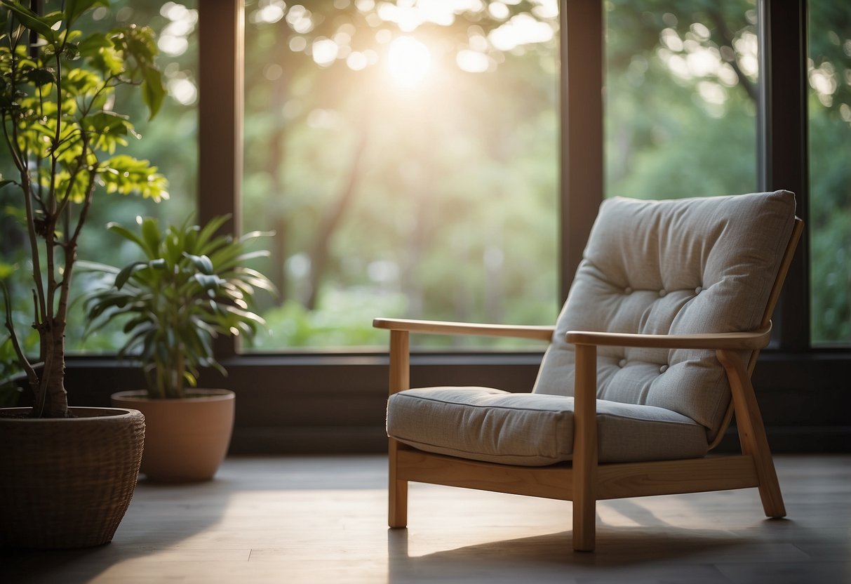 A serene setting with soft natural lighting, a comfortable cushion or chair for meditation, and a peaceful atmosphere with minimal distractions