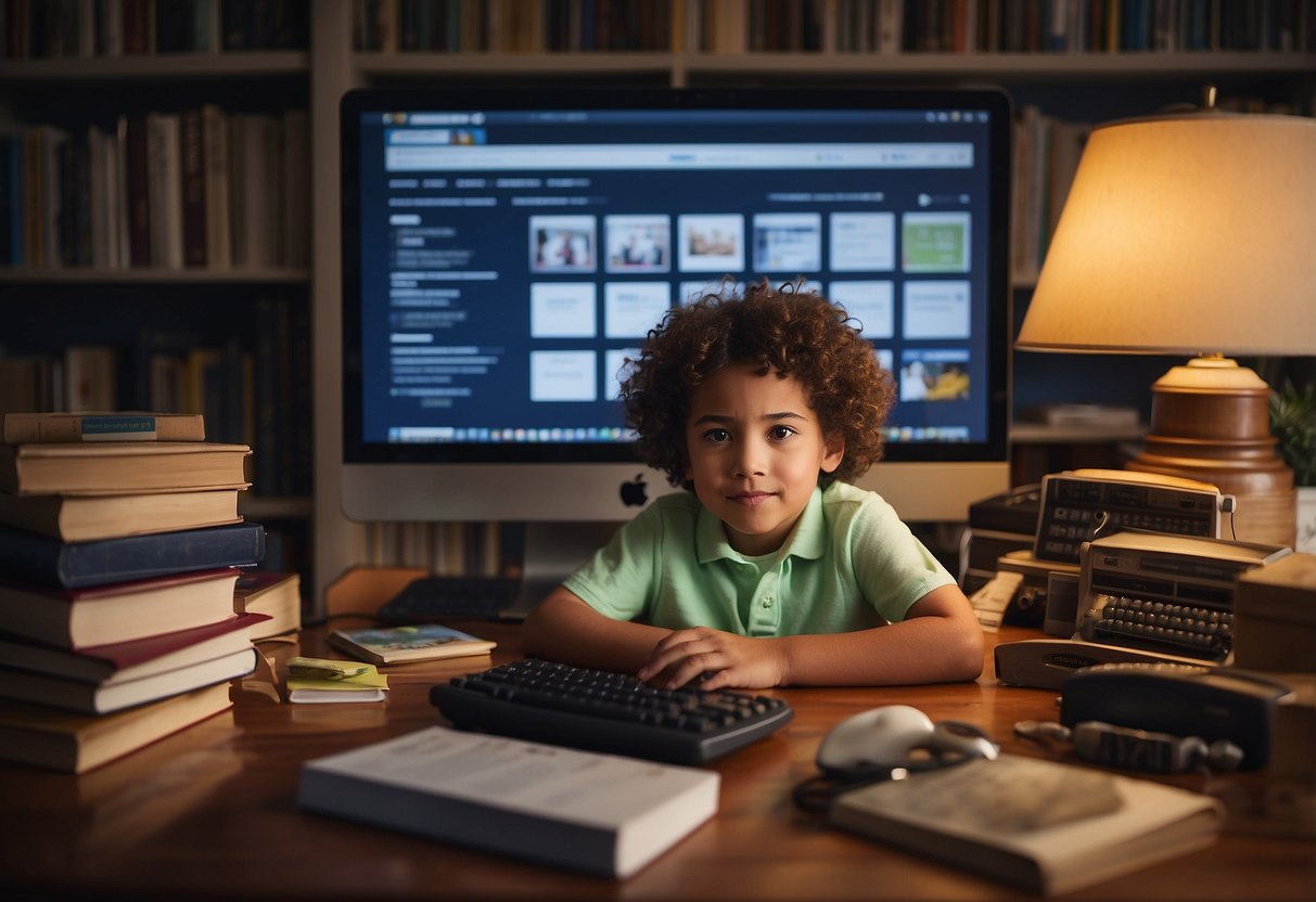 A parent sitting at a desk surrounded by books and articles, with a computer displaying different parenting methods. A phone is nearby for seeking support