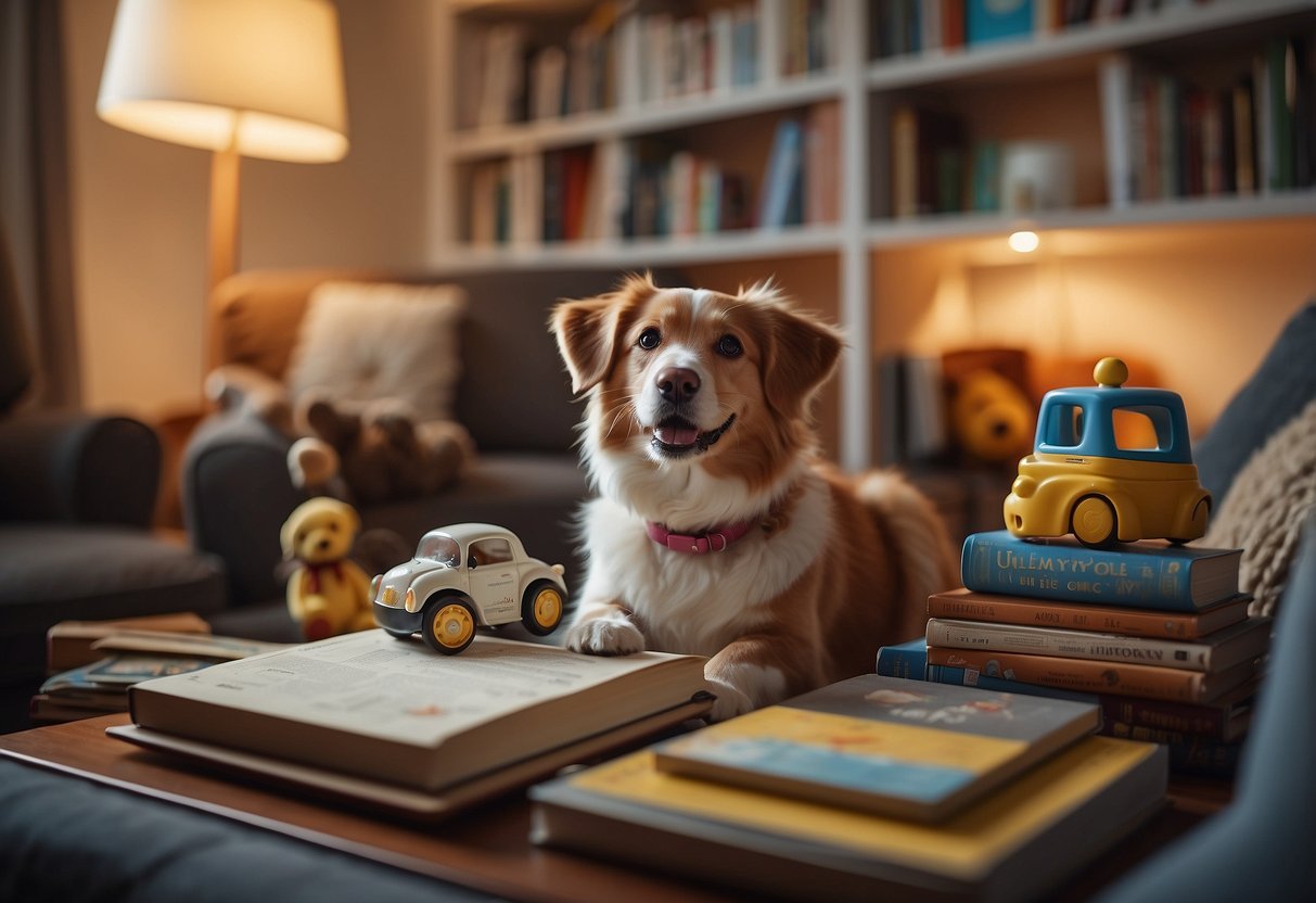 A cozy living room with toys scattered around, a bookshelf filled with children's books, a calendar with family activities marked, and a smiling pet nearby