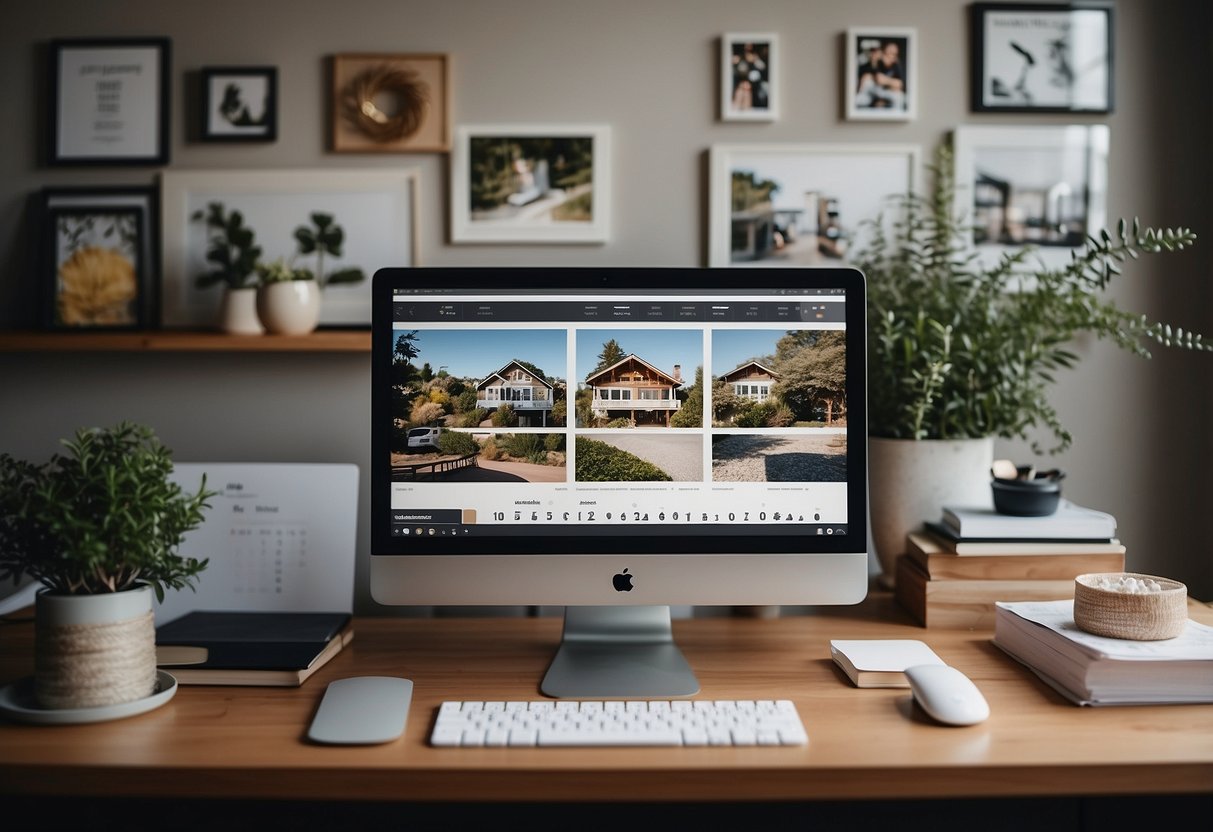 A clutter-free, organized home office with a laptop and family photos. A calendar on the wall shows a balanced schedule of work and family activities