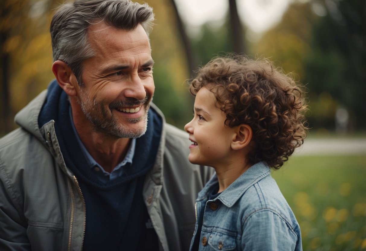 A parent calmly speaks to their child, using positive language. The child listens and responds respectfully. The parent maintains a calm and composed demeanor while setting clear boundaries